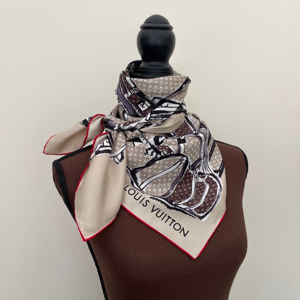 Louis Vuitton Scarf Trunks Monogram Beige Brown Silk Wrap - Picture 12 of 14